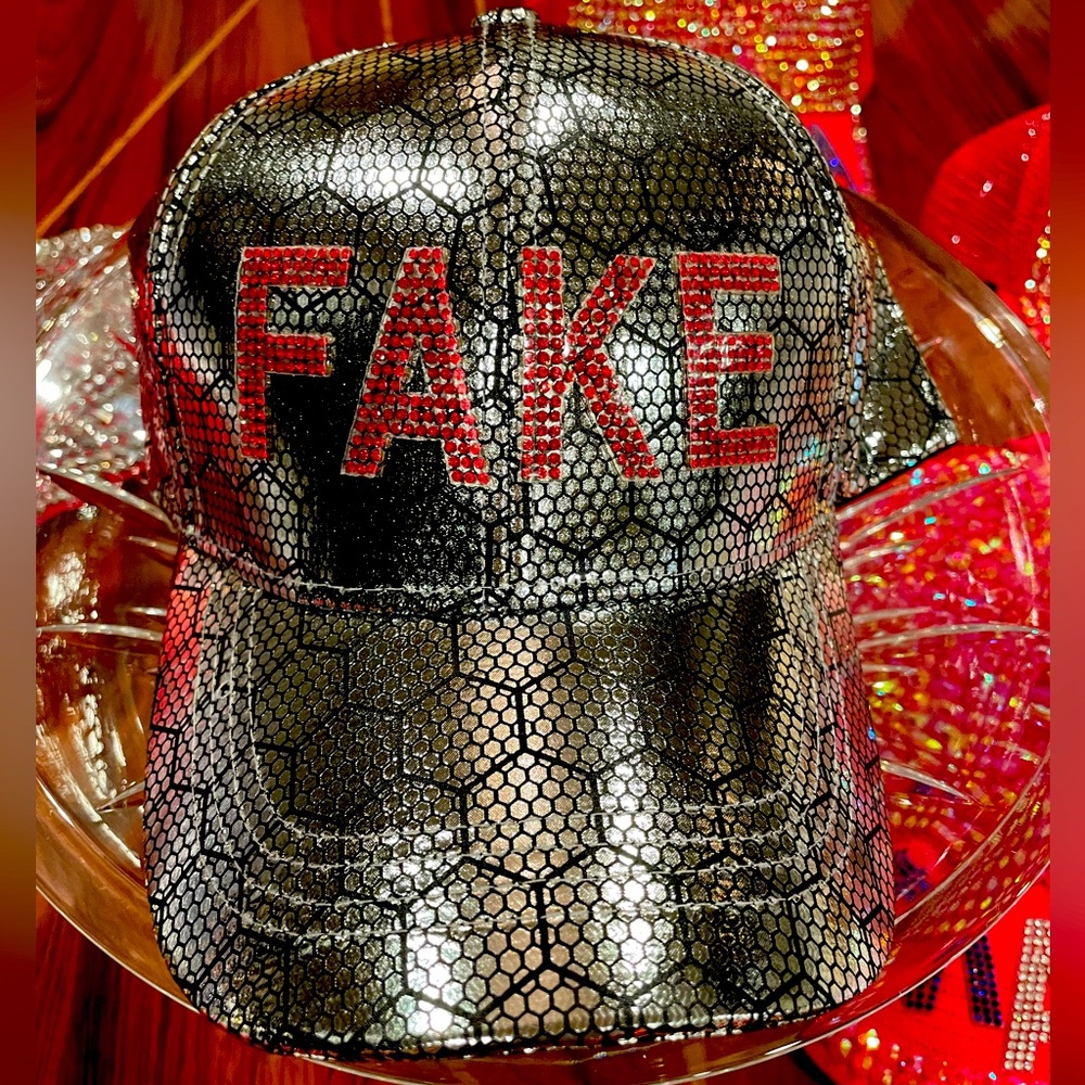 NWT Custom ”Fake News” hat. Red rhinestones, silver, metallic honeycomb print